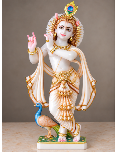 Hand-Painted Marble Krishna Idol with Peacock and Floral Base, 24 Inches