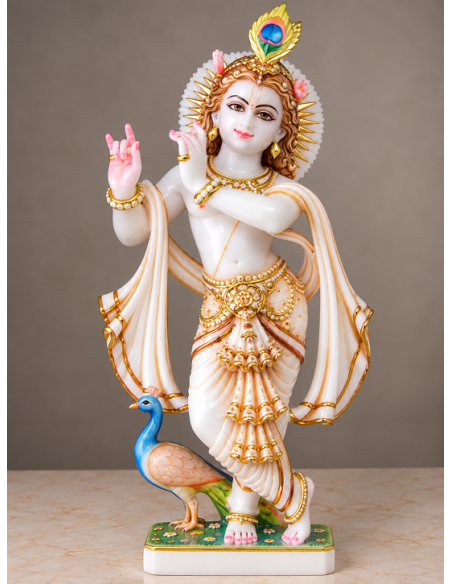 Hand-Painted Marble Krishna Idol with Peacock and Floral Base, 24 Inches