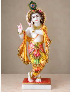 Hand-Painted Marble Krishna Idol with Layered Rainbow Dhoti, 24 Inches