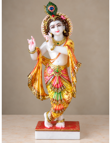 Hand-Painted Marble Krishna Idol with Layered Rainbow Dhoti, 24 Inches
