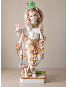 Hand-Painted Marble Krishna Idol with Peacock and Radiant Halo, 24 Inches