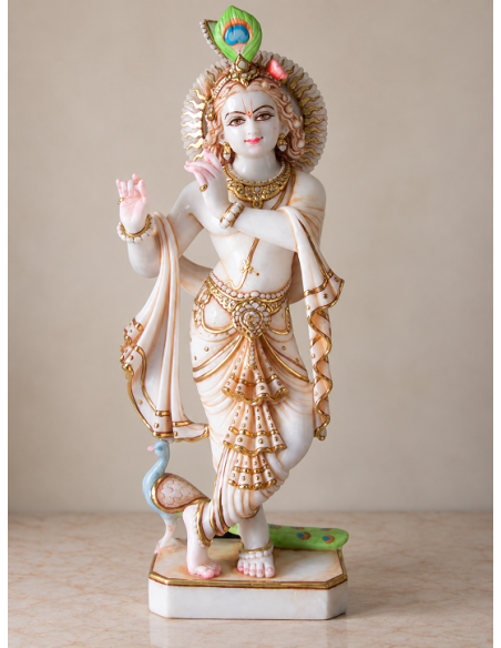 Hand-Painted Marble Krishna Idol with Peacock and Radiant Halo, 24 Inches