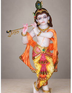 Hand-Painted Marble Flute Krishna Idol with Orange Dupatta, 24 Inches