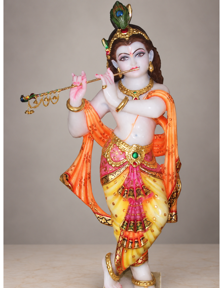 Hand-Painted Marble Flute Krishna Idol with Orange Dupatta, 24 Inches