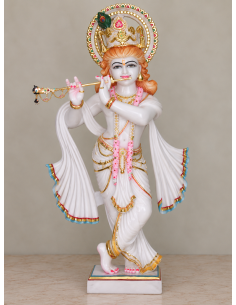 Hand-Painted Marble Flute Krishna Idol with Floral Dhoti, 24 Inches