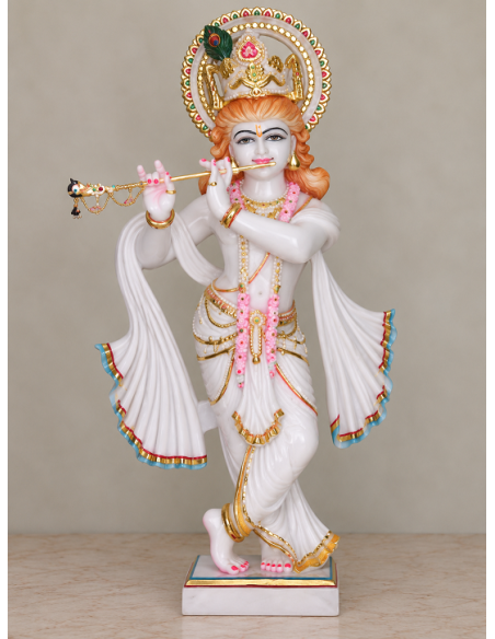 Hand-Painted Marble Flute Krishna Idol with Floral Dhoti, 24 Inches
