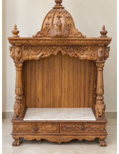 Hand-Carved Wooden Mandir with Marble Seating Platform