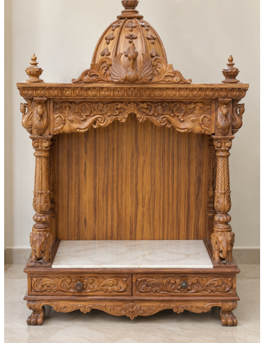 Hand-Carved Wooden Mandir with Marble Seating Platform