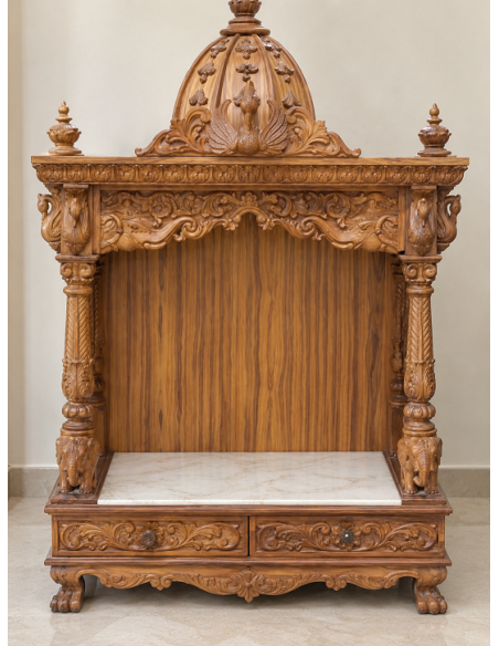 Hand-Carved Wooden Mandir with Marble Seating Platform
