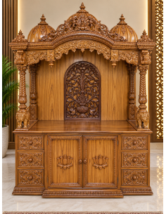 Hand-Carved Wooden Mandir with Lotus-Carved Storage Doors
