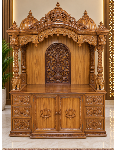 Hand-Carved Wooden Mandir with Lotus-Carved Storage Doors