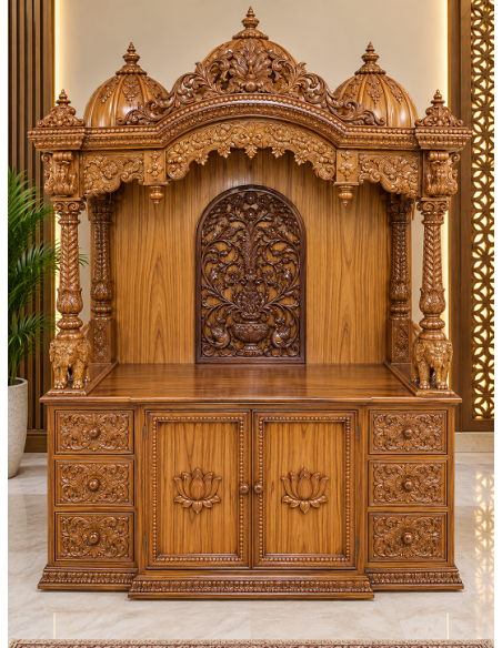 Hand-Carved Wooden Mandir with Lotus-Carved Storage Doors