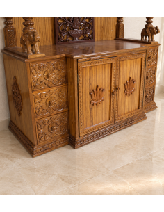 Hand-Carved Wooden Mandir with Lotus-Carved Storage Doors 2