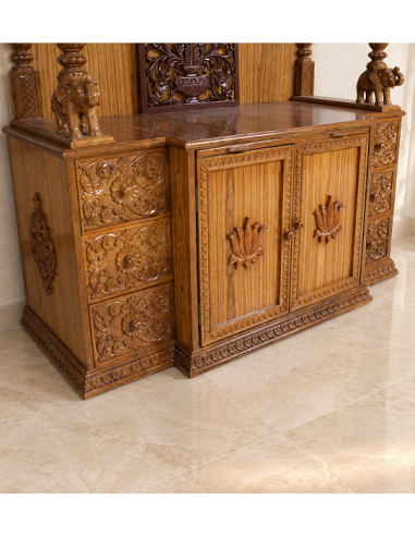 Hand-Carved Wooden Mandir with Lotus-Carved Storage Doors