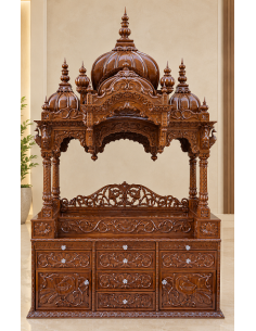 Hand-Carved Wooden Mandir with Multi-Drawer Storage Base