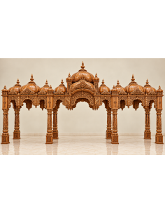 Hand-Carved Wooden Temple Colonnade with Multiple Domes
