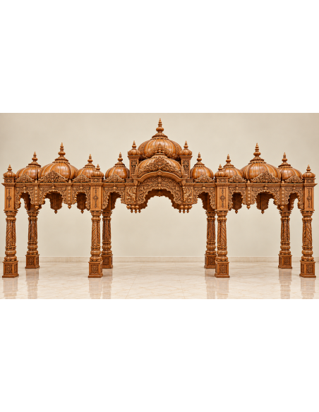 Hand-Carved Wooden Temple Colonnade with Multiple Domes