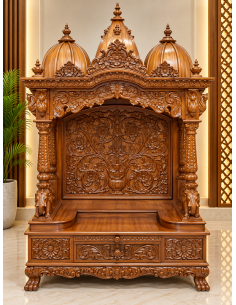 Hand-Carved Wooden Mandir with Carved Crown and Drawer Base