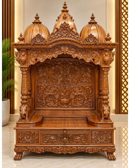 Hand-Carved Wooden Mandir with Carved Crown and Drawer Base
