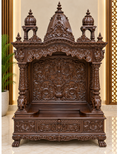 Dark-Finish Hand-Carved Wooden Mandir with Ornate Crown