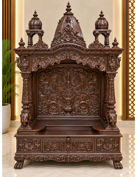 Dark-Finish Hand-Carved Wooden Mandir with Ornate Crown
