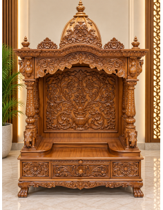 Hand-Carved Wooden Mandir with Floral Backwall and Storage Base