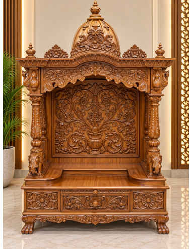 Hand-Carved Wooden Mandir with Floral Backwall and Storage Base