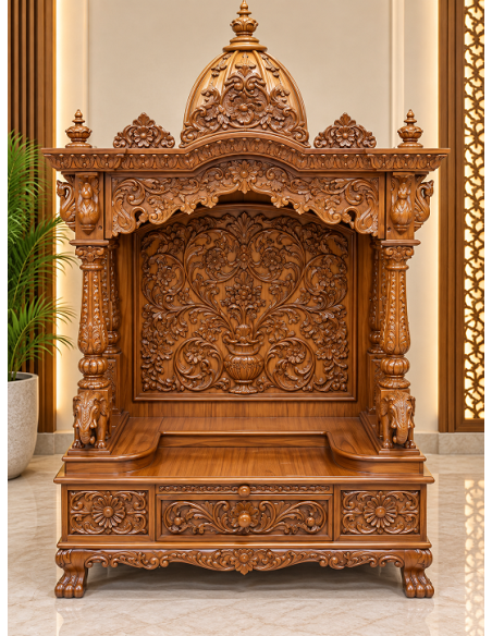 Hand-Carved Wooden Mandir with Floral Backwall and Storage Base