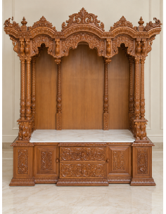 Hand-Carved Wooden Mandir with Marble Platform and Cabinet Base