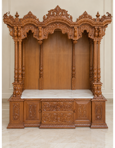 Hand-Carved Wooden Mandir with Marble Platform and Cabinet Base