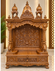 Hand-Carved Wooden Mandir with Triple-Finial Crown