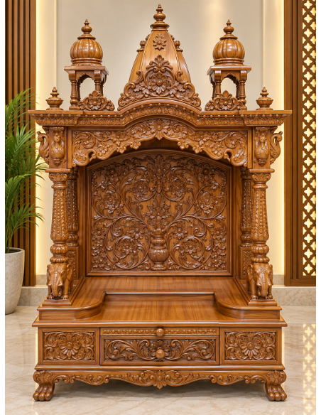 Hand-Carved Wooden Mandir with Triple-Finial Crown