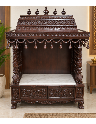 Hand-Carved Wooden Mandir with Hanging Bell Finials and Marble Platform
