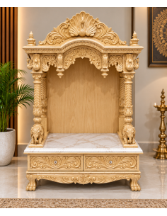 White-Finish Hand-Carved Wooden Mandir with Elephant Base