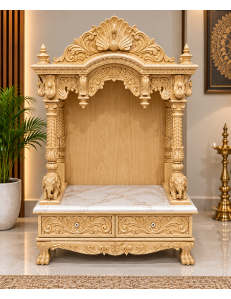 White-Finish Hand-Carved Wooden Mandir with Elephant Base