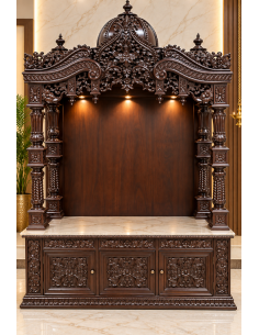 Hand-Carved Wooden Mandir with Ornate Arch and Illuminated Marble Base