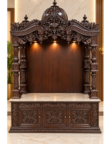 Hand-Carved Wooden Mandir with Ornate Arch and Illuminated Marble Base
