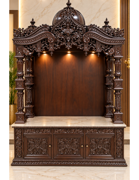 Hand-Carved Wooden Mandir with Ornate Arch and Illuminated Marble Base