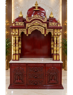 Red and Gold-Finish Wooden Mandir with Ornate Dome Crown