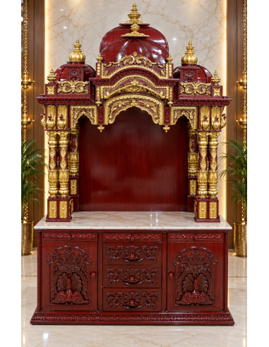 Red and Gold-Finish Wooden Mandir with Ornate Dome Crown