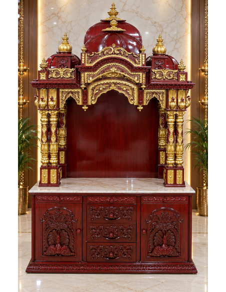 Red and Gold-Finish Wooden Mandir with Ornate Dome Crown