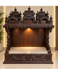 Hand-Carved Wooden Mandir with Compact Triple-Dome Crown