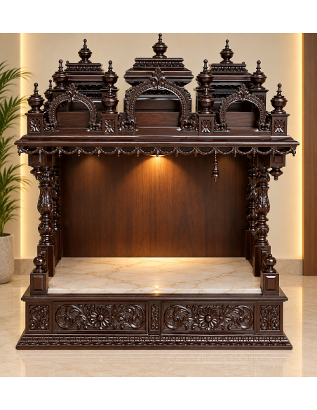 Hand-Carved Wooden Mandir with Compact Triple-Dome Crown