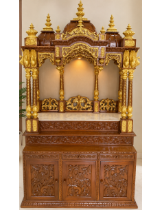 Gold-Finish Wooden Mandir with Pillared Domes and Drawer Base