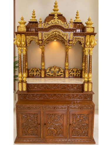 Gold-Finish Wooden Mandir with Pillared Domes and Drawer Base