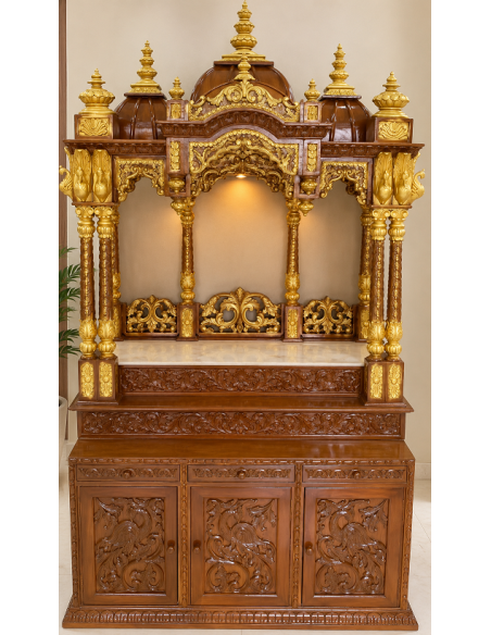 Gold-Finish Wooden Mandir with Pillared Domes and Drawer Base