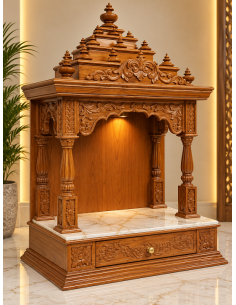 Hand-Carved Wooden Mandir with Floral Arch and Marble Drawer Base