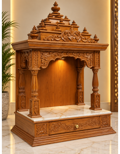 Hand-Carved Wooden Mandir with Floral Arch and Marble Drawer Base