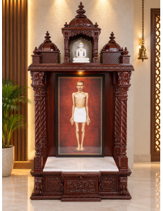 Hand-Carved Wooden Mandir with Pointed Dome and Marble Apron Base | GMB