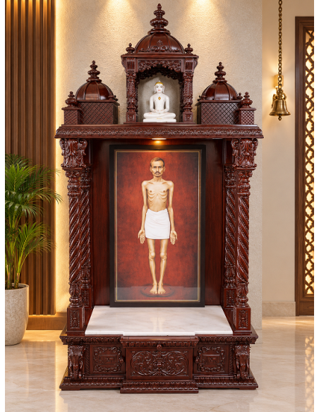 Hand-Carved Wooden Mandir with Pointed Dome and Marble Apron Base | GMB